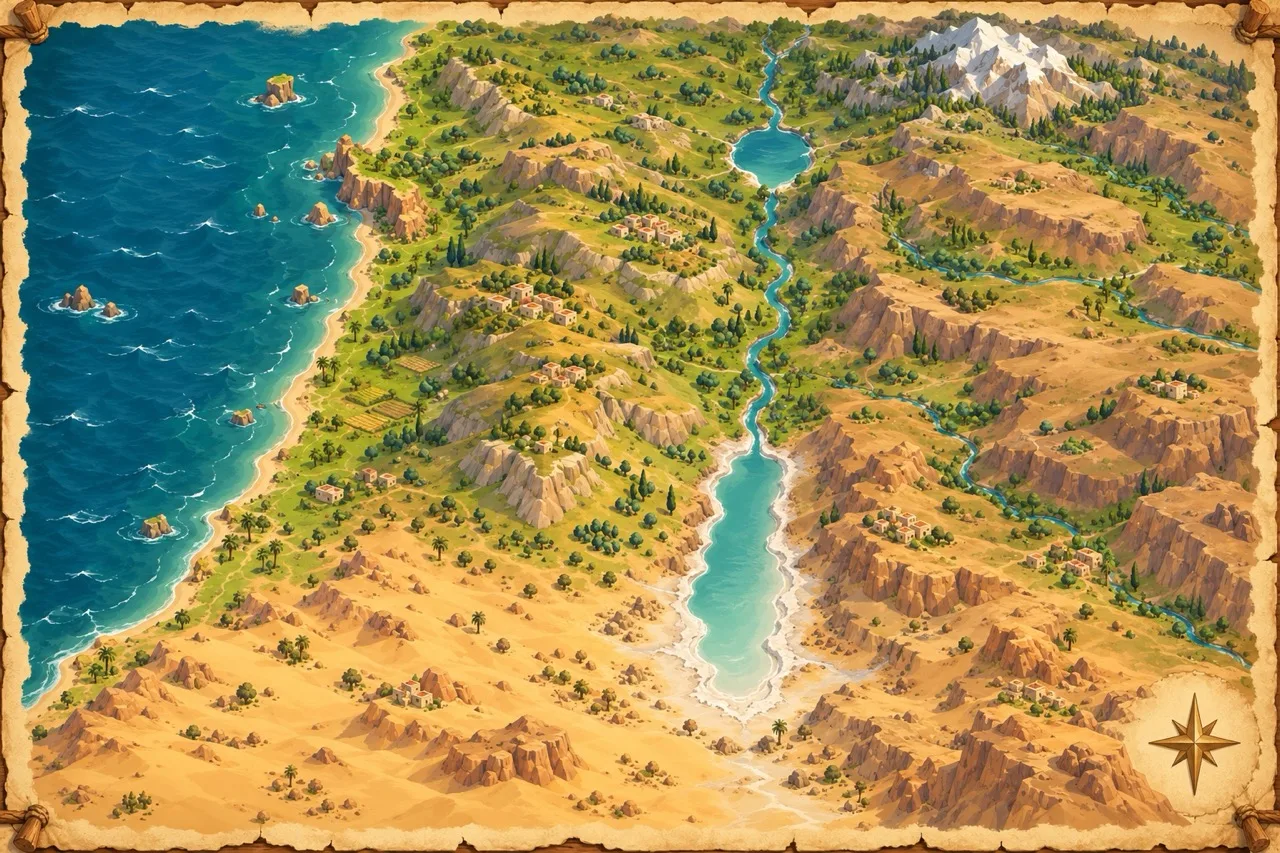 Mapa antiguo de la tierra repartida entre las doce tribus, con el Gran Mar, el Jordán, el mar de Galilea y el mar Salado